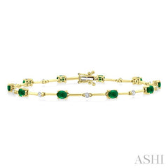 4x3 MM Oval Cut Emerald and 1/3 Ctw Round Cut Diamond Precious Bar Bracelet in 10K Yellow Gold