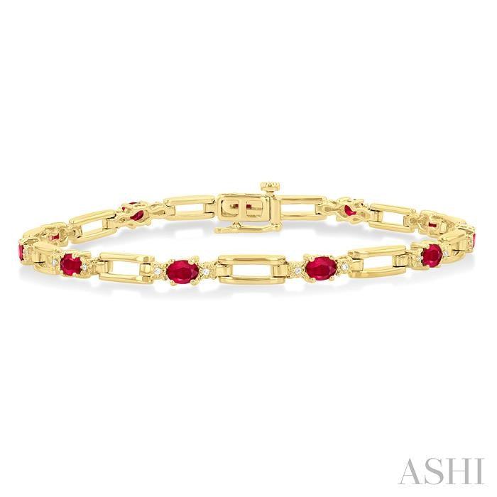 4X3 MM Oval Cut Ruby and 1/10 Ctw Round Cut Diamond Paperclip Bracelet in 14K Yellow Gold