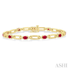 4X3 MM Oval Cut Ruby and 1/10 Ctw Round Cut Diamond Paperclip Bracelet in 14K Yellow Gold