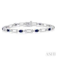 4X3 MM Oval Cut Sapphire and 1/10 Ctw Round Cut Diamond Paperclip Bracelet in 14K White Gold