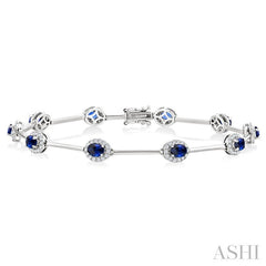 4x3 MM Oval Cut Sapphire and 1/2 Ctw Round Cut Diamond Halo Precious Bar Link Bracelet in 10K White Gold