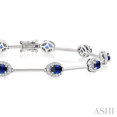 4x3 MM Oval Cut Sapphire and 1/2 Ctw Round Cut Diamond Halo Precious Bar Link Bracelet in 10K White Gold