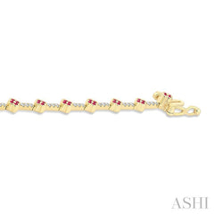 1 MM Round Shape Ruby and 1/2 Ctw Clover Leaf & Bar Link Round Cut Diamond Precious Bracelet in 14K Yellow Gold