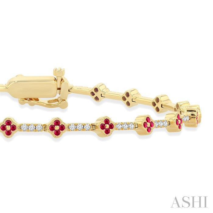 1 MM Round Shape Ruby and 1/2 Ctw Clover Leaf & Bar Link Round Cut Diamond Precious Bracelet in 14K Yellow Gold