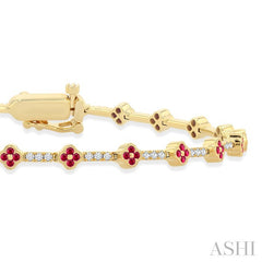1 MM Round Shape Ruby and 1/2 Ctw Clover Leaf & Bar Link Round Cut Diamond Precious Bracelet in 14K Yellow Gold