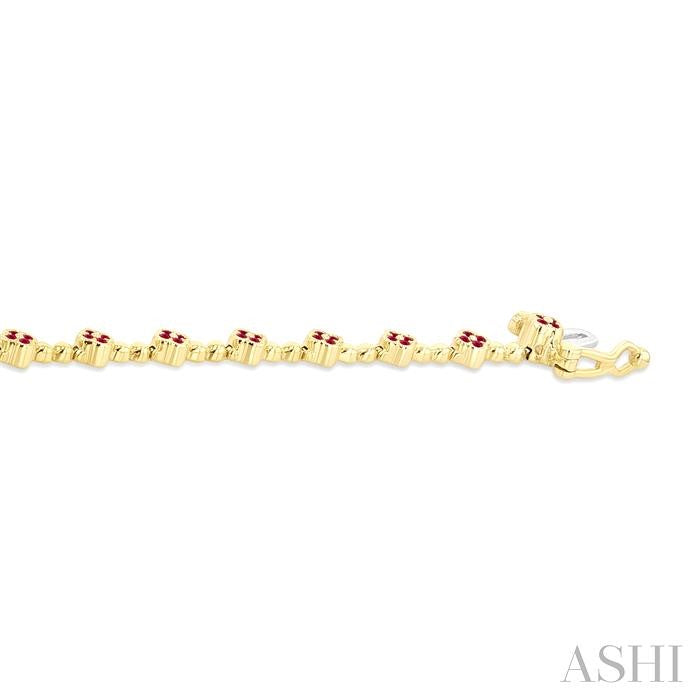 1 MM Round Cut Ruby Clover and Bead Ball Link Precious Tennis Bracelet in 14K Yellow Gold