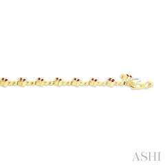 1 MM Round Cut Ruby Clover and Bead Ball Link Precious Tennis Bracelet in 14K Yellow Gold
