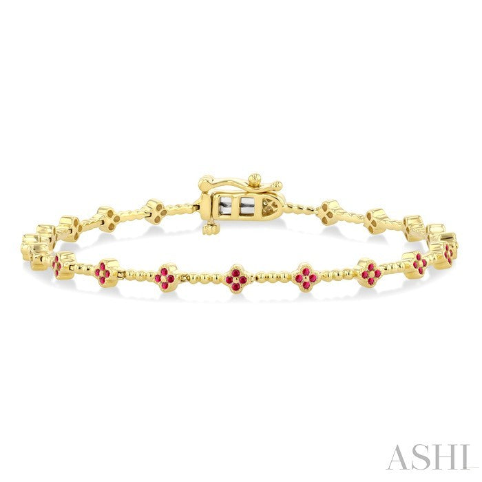 1 MM Round Cut Ruby Clover and Bead Ball Link Precious Tennis Bracelet in 14K Yellow Gold