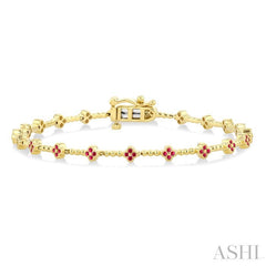 1 MM Round Cut Ruby Clover and Bead Ball Link Precious Tennis Bracelet in 14K Yellow Gold