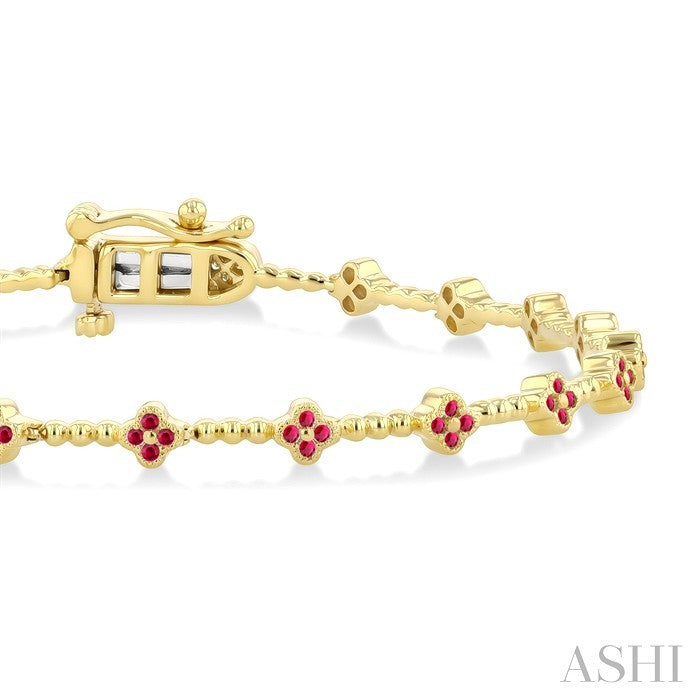 1 MM Round Cut Ruby Clover and Bead Ball Link Precious Tennis Bracelet in 14K Yellow Gold