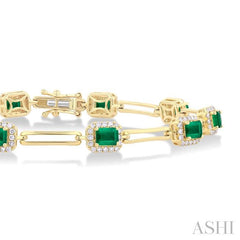 4x3 MM Emerald and 5/8 Ctw Round Cut Diamond Halo Precious Open Link Bracelet in 14K Yellow Gold