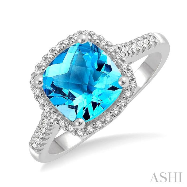8x8 MM Cushion Shape Center Stone Blue Topaz and 1/5 Ctw Cushion Shape Mount Round Cut Diamond Semi-Precious Ring in 10K White Gold