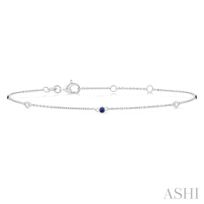 1.75 MM Sapphire and 1/20 Ctw Round Cut Diamond Precious Station Bracelet in 14K White Gold
