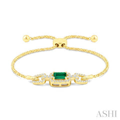 1/4 Ctw 5X3MM Octagon Shape Emerald and Round Cut Diamond Precious Rectangular Open Link Lariat Bracelet in 14K Yellow Gold
