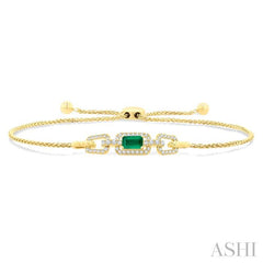 1/4 Ctw 5X3MM Octagon Shape Emerald and Round Cut Diamond Precious Rectangular Open Link Lariat Bracelet in 14K Yellow Gold