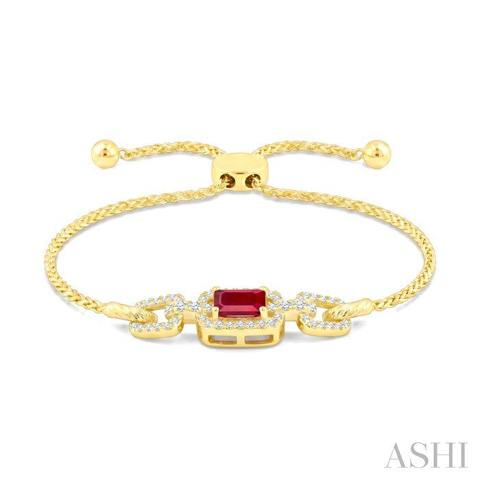 1/4 Ctw 5X3MM Octagon Shape Ruby and Round Cut Diamond Precious Rectangular Open Link Lariat Bracelet in 14K Yellow Gold