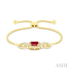 1/4 Ctw 5X3MM Octagon Shape Ruby and Round Cut Diamond Precious Rectangular Open Link Lariat Bracelet in 14K Yellow Gold