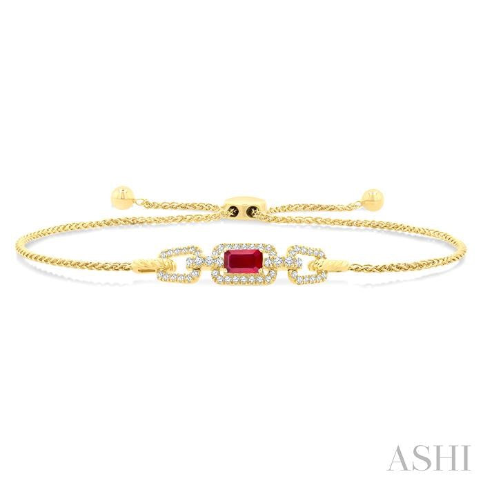1/4 Ctw 5X3MM Octagon Shape Ruby and Round Cut Diamond Precious Rectangular Open Link Lariat Bracelet in 14K Yellow Gold