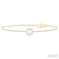 6 MM Round Shape Cultured Pearl and 1/10 Ctw Petite Round Cut Diamond Halo Bracelet in 10K Yellow Gold