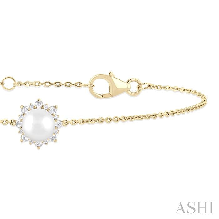 6 MM Round Shape Cultured Pearl and 1/10 Ctw Petite Round Cut Diamond Halo Bracelet in 10K Yellow Gold