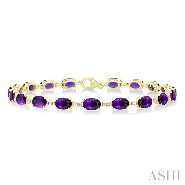 6X4 MM Oval Cut Amethyst and 1/6 Ctw Round Cut Diamond Semi-Precious Tennis Bracelet in 10K Yellow Gold