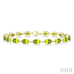 6X4 MM Oval Cut Peridot and 1/6 Ctw Round Cut Diamond Semi-Precious Tennis Bracelet in 10K Yellow Gold