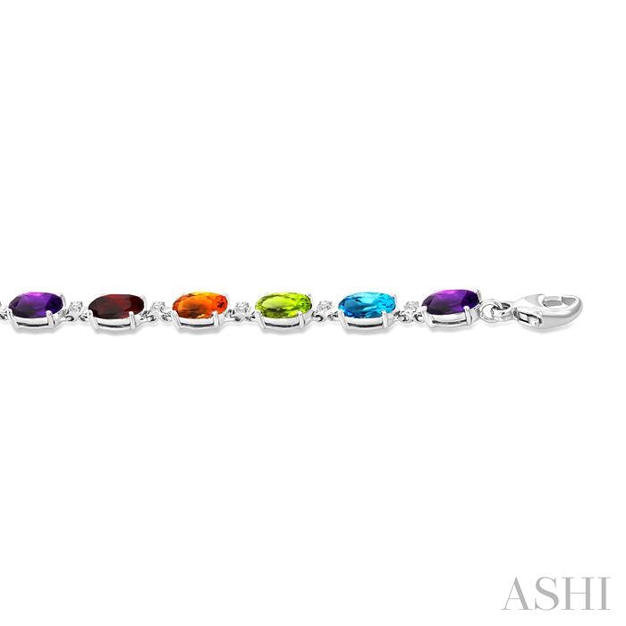 6X4 MM Oval Cut Multiple Gemstone and 1/6 Ctw Round Cut Diamond Semi-Precious Tennis Bracelet in 10K White Gold