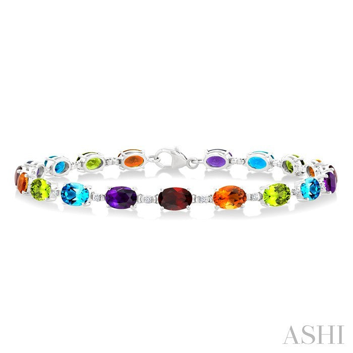 6X4 MM Oval Cut Multiple Gemstone and 1/6 Ctw Round Cut Diamond Semi-Precious Tennis Bracelet in 10K White Gold