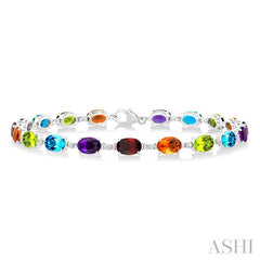 6X4 MM Oval Cut Multiple Gemstone and 1/6 Ctw Round Cut Diamond Semi-Precious Tennis Bracelet in 10K White Gold
