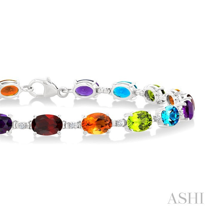 6X4 MM Oval Cut Multiple Gemstone and 1/6 Ctw Round Cut Diamond Semi-Precious Tennis Bracelet in 10K White Gold