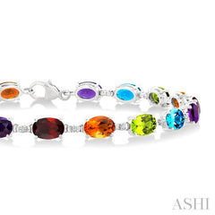 6X4 MM Oval Cut Multiple Gemstone and 1/6 Ctw Round Cut Diamond Semi-Precious Tennis Bracelet in 10K White Gold