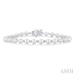 4 MM Round Shape Cultured Pearl and 3/4 Ctw Round Cut Diamond Tennis Bracelet in 14K White Gold