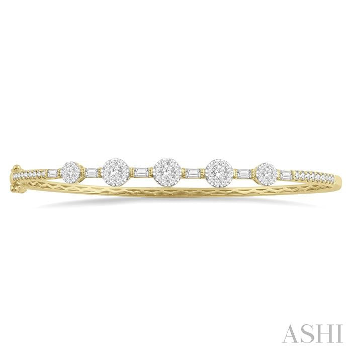 1 1/10 Ctw Lovebright Circular Mounts Baguette & Round Cut Diamond Bangle in 14K Yellow and White Gold