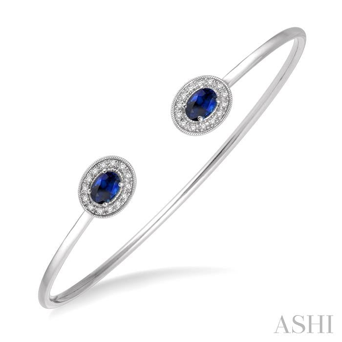 6x4 MM Oval Cut Sapphire & 1/5 Ctw Round Cut Diamond Precious Flexi Bangle in 14K White Gold