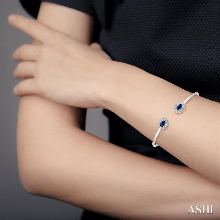 6x4 MM Oval Cut Sapphire & 1/5 Ctw Round Cut Diamond Precious Flexi Bangle in 14K White Gold