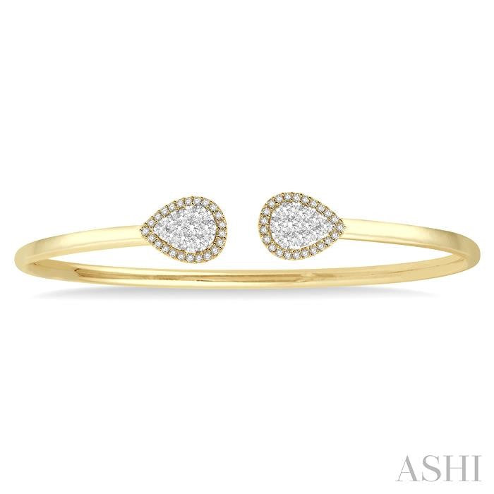 5/8 Ctw Pear Shape Lovebright Open Cuff Diamond Bangle in 14K Yellow and White Gold