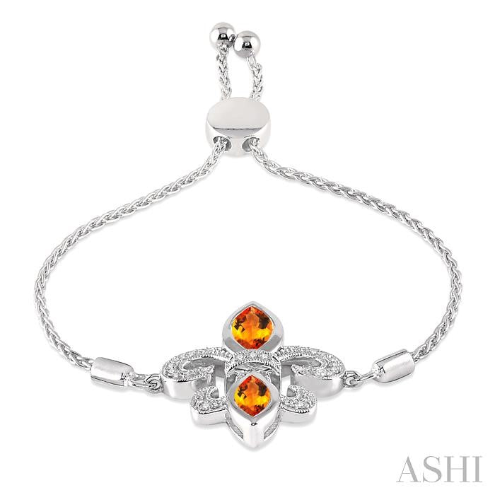 10x5 MM & 8x4 MM Marquise Cut Citrine and 1/20 Ctw Round Diamond Fleur De Lis Sterling Silver Lariat Bracelet