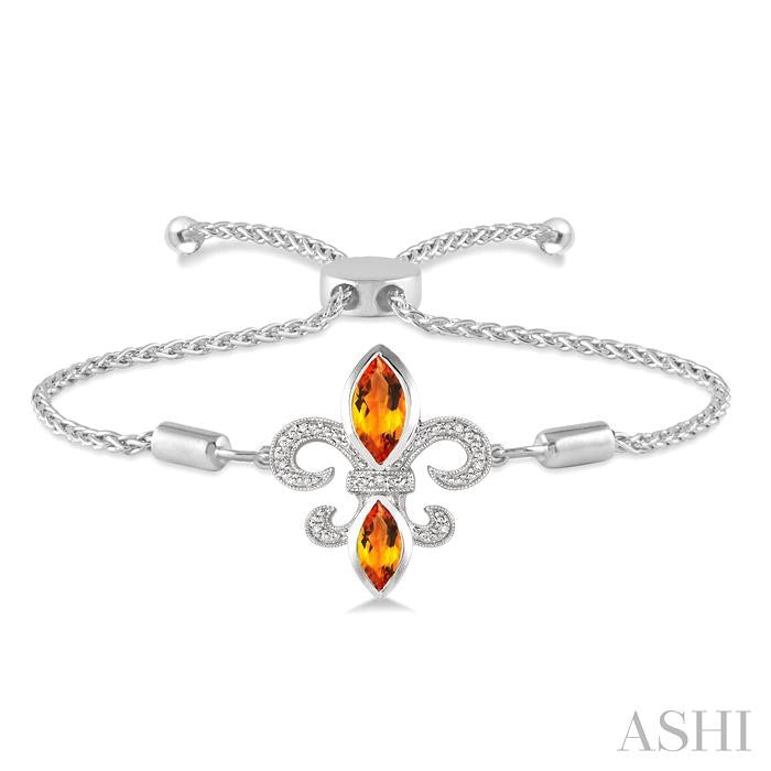 10x5 MM & 8x4 MM Marquise Cut Citrine and 1/20 Ctw Round Diamond Fleur De Lis Sterling Silver Lariat Bracelet