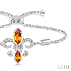 10x5 MM & 8x4 MM Marquise Cut Citrine and 1/20 Ctw Round Diamond Fleur De Lis Sterling Silver Lariat Bracelet