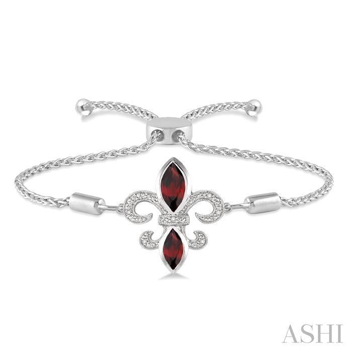 10x5 MM & 8x4 MM Marquise Cut Garnet and 1/20 Ctw Round Diamond Fleur De Lis Sterling Silver Lariat Bracelet