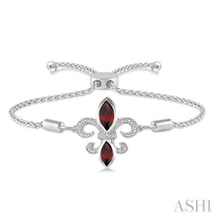 10x5 MM & 8x4 MM Marquise Cut Garnet and 1/20 Ctw Round Diamond Fleur De Lis Sterling Silver Lariat Bracelet
