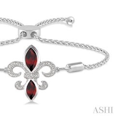 10x5 MM & 8x4 MM Marquise Cut Garnet and 1/20 Ctw Round Diamond Fleur De Lis Sterling Silver Lariat Bracelet