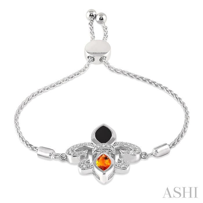 10x5 MM Marquise Cut Onyx & 8x4 MM Marquise Cut Citrine and 1/20 Ctw Round Diamond Fleur De Lis Sterling Silver Lariat Bracelet