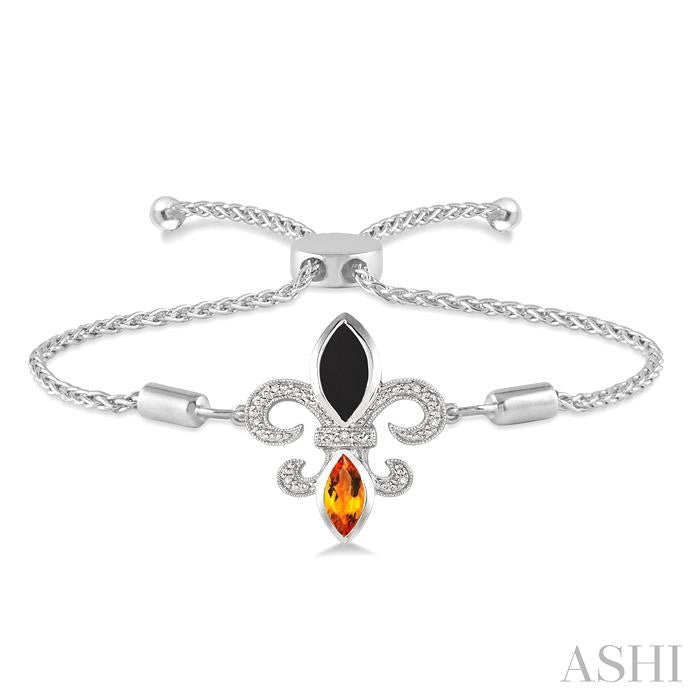 10x5 MM Marquise Cut Onyx & 8x4 MM Marquise Cut Citrine and 1/20 Ctw Round Diamond Fleur De Lis Sterling Silver Lariat Bracelet