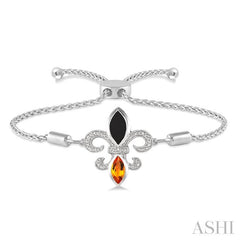10x5 MM Marquise Cut Onyx & 8x4 MM Marquise Cut Citrine and 1/20 Ctw Round Diamond Fleur De Lis Sterling Silver Lariat Bracelet
