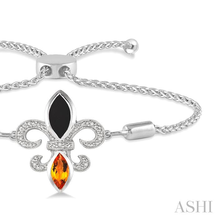 10x5 MM Marquise Cut Onyx & 8x4 MM Marquise Cut Citrine and 1/20 Ctw Round Diamond Fleur De Lis Sterling Silver Lariat Bracelet