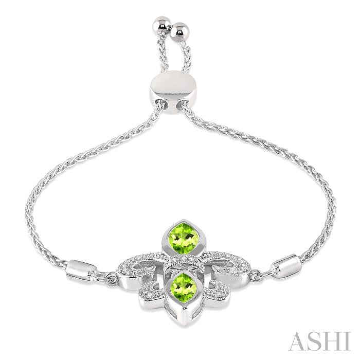 10x5 MM & 8x4 MM Marquise Cut Peridot and 1/20 Ctw Round Diamond Fleur De Lis Sterling Silver Lariat Bracelet