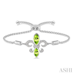 10x5 MM & 8x4 MM Marquise Cut Peridot and 1/20 Ctw Round Diamond Fleur De Lis Sterling Silver Lariat Bracelet