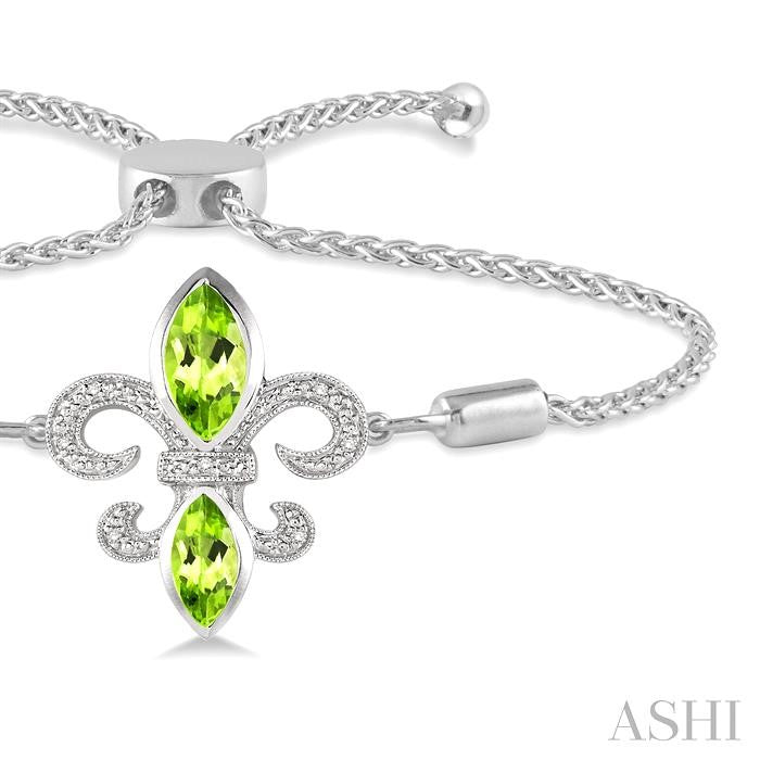 10x5 MM & 8x4 MM Marquise Cut Peridot and 1/20 Ctw Round Diamond Fleur De Lis Sterling Silver Lariat Bracelet