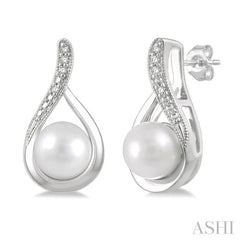 6x6 MM Drop Shape Cultured Pearls and 1/50 Ctw Round Cut Diamond Earring in Sterling Silver